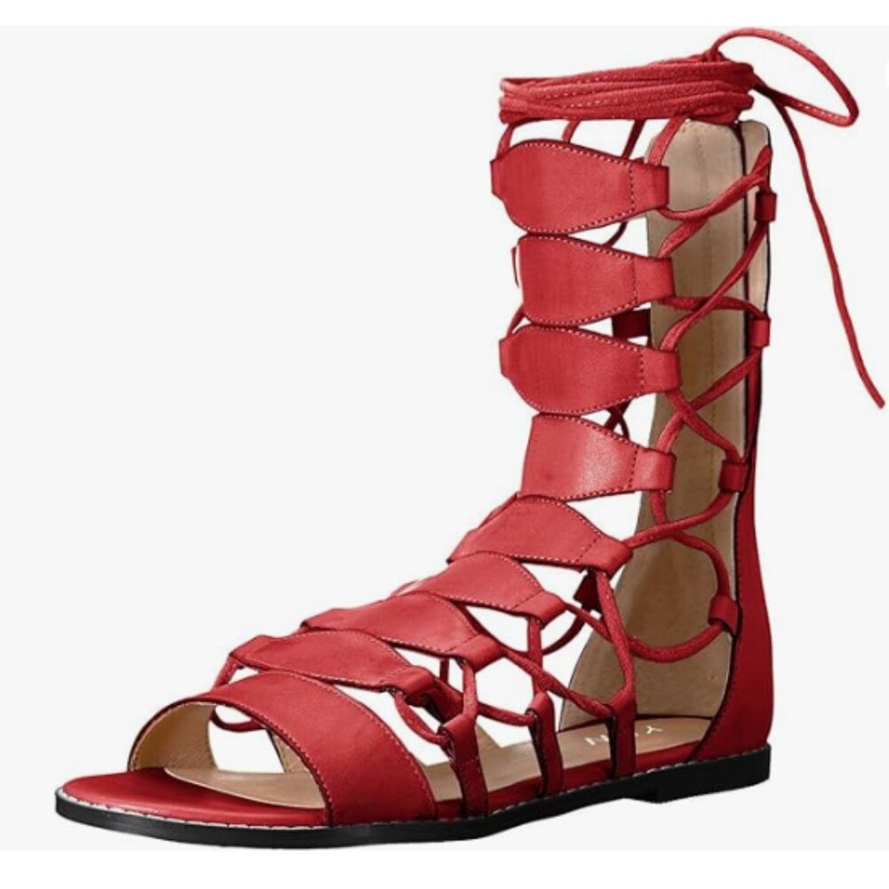 YDN Red Sexy Ankle High Gladiator Sandals for Women Lace up Open toe Flats Zips